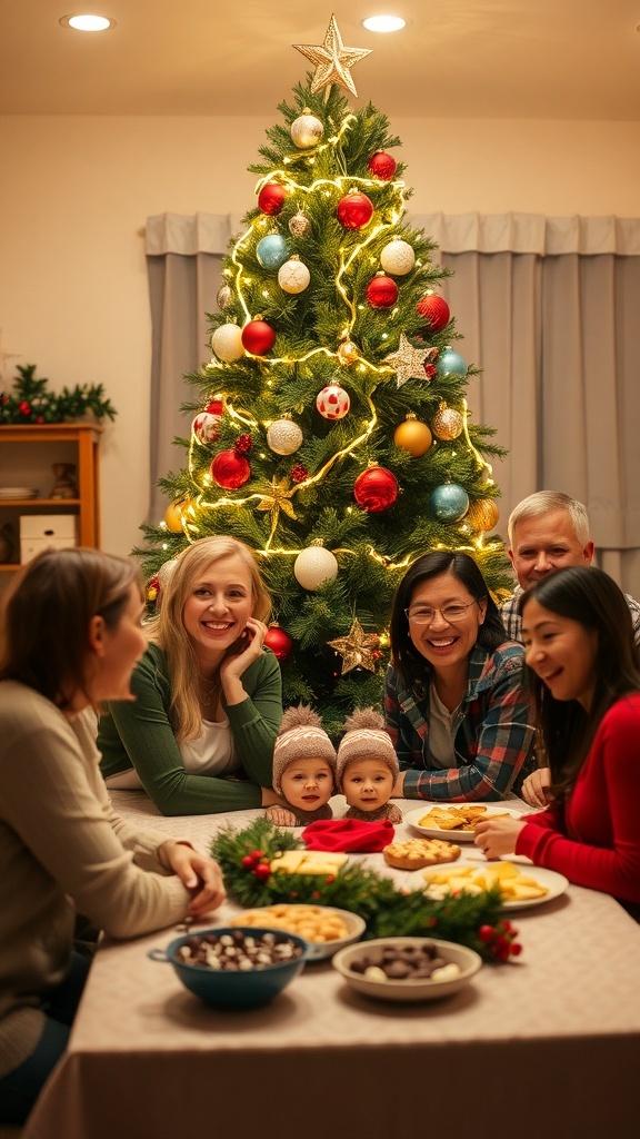 A joyful family celebrating Christmas together around a tree, filled with love and laughter.